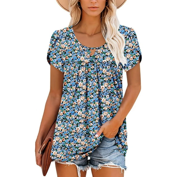 KISSMODA Womens T Shirts Short Sleeve Pleated Floral Tunic Tops Dressy Casual Crew Neck Summer Boho Tops Blouses