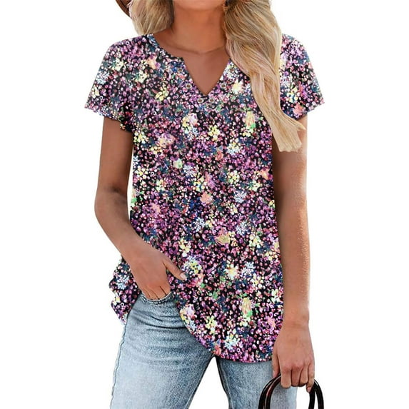 KISSMODA Womens V Neck Short Sleeve Summer Tops Button Down Pleated Tunic Tops Shirts S-3XL
