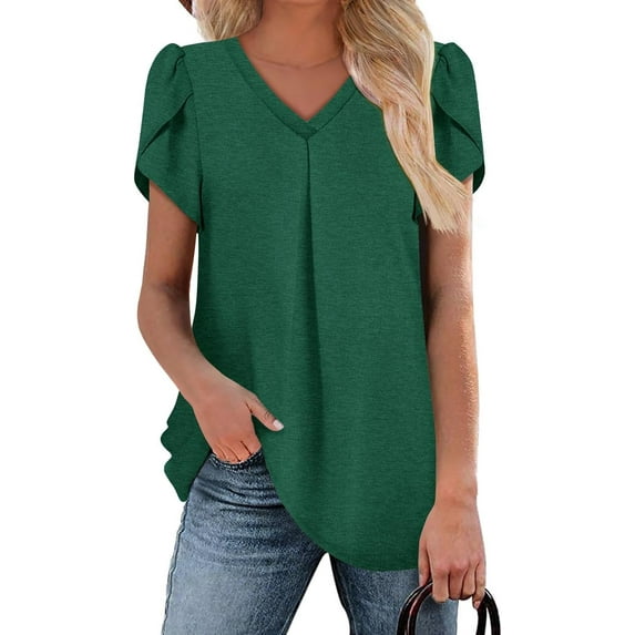 KISSMODA Womens V Neck Short Sleeve Summer Tops Button Down Pleated Tunic Tops Shirts S-3XL