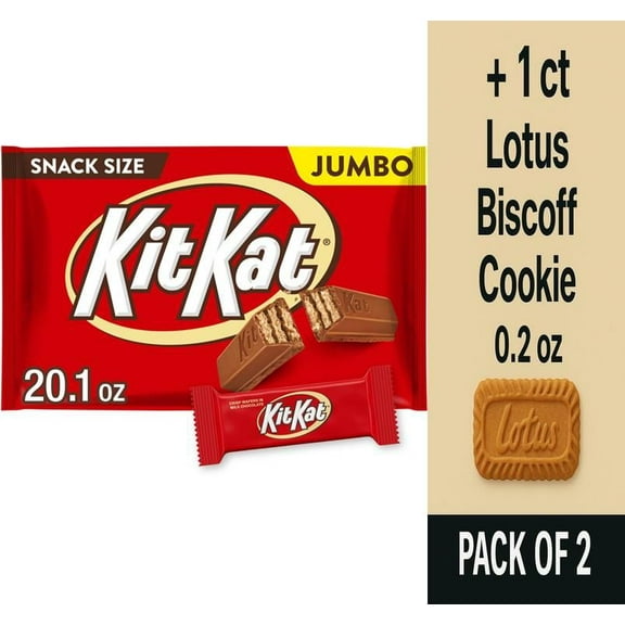KIT KAT Milk Chocolate Wafer Snack Size Candy Jumbo Bag 20.1 oz - Pack of 2 & Lotus Biscoff Cookie - 0.2 Oz - 1 ct