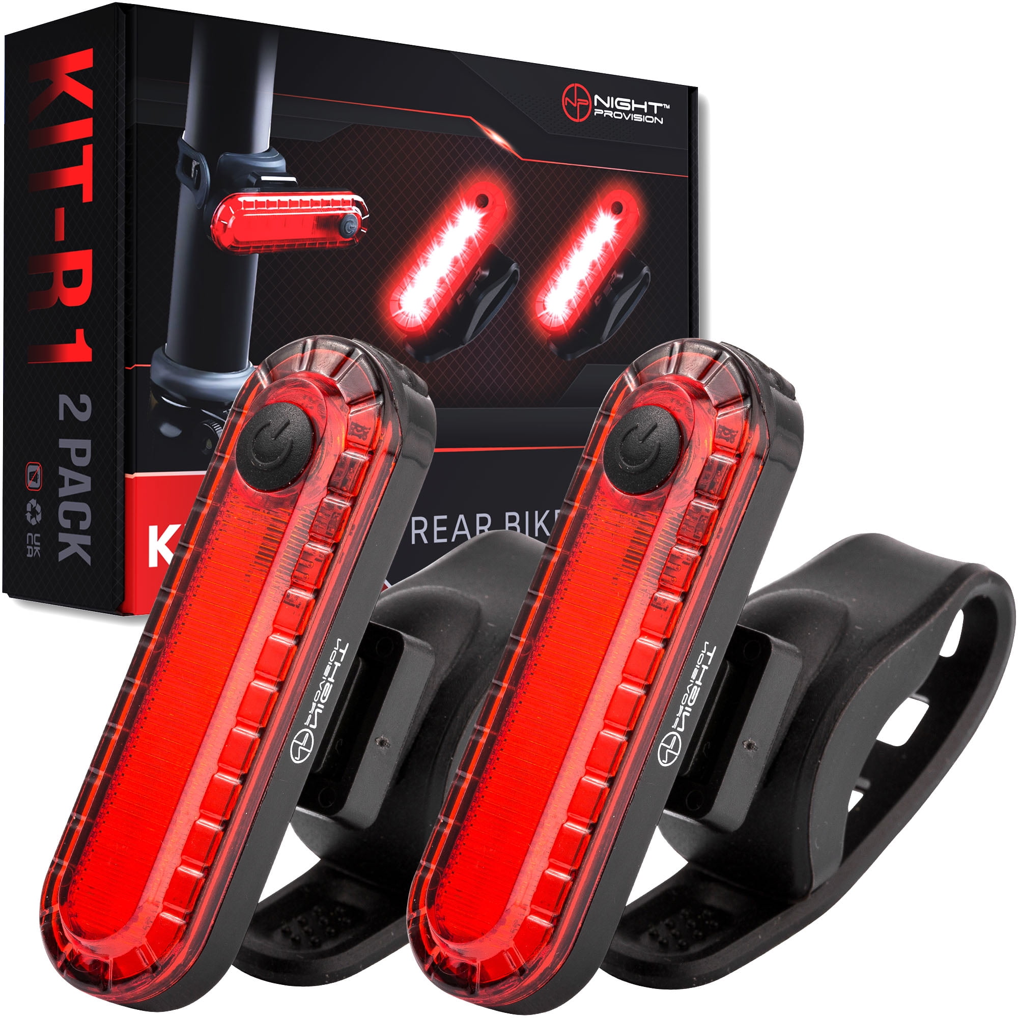 Night Provision KIT R1 LED Rechargeable Bicycle Tail Light with 4 Modes Red 2 Pack
