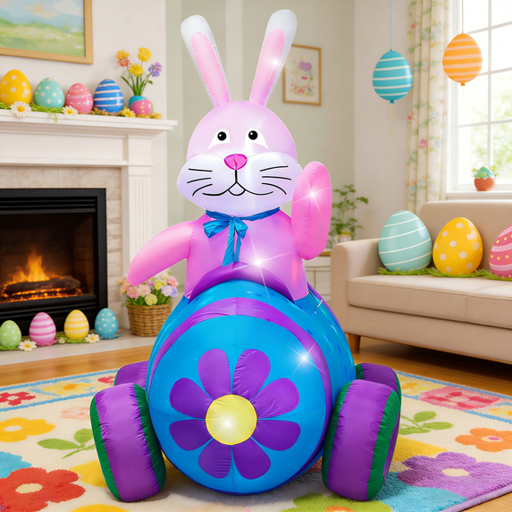 KITBONIS 4ft Inflatable Easter Bunny Decoration Garden Yard Easter Shopping Mall Backdrop Decorations Rabbit in Carrot Car Inflatable Decor