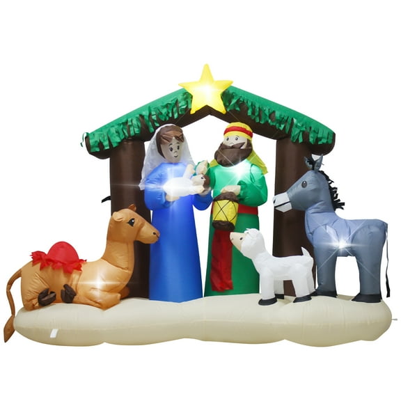 KITBONIS Christmas Inflatable Nativity Sets Outdoor Decoration Built-In LED-Lit Outdoor Inflatable Nativity Scene Set Baby Jesus Yard Indoor