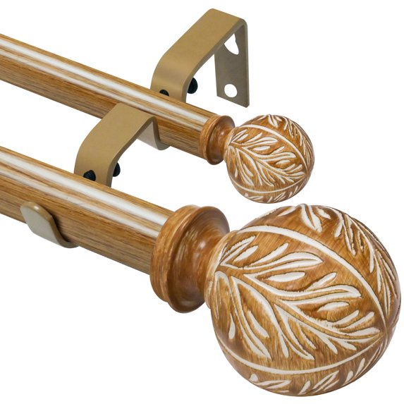 KITBONIS Curtain Rod Set Retro Faux Wood Grain Leaf Carving DBL Curtain Rod Set Extendable Double Curtain Rod