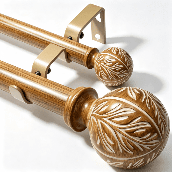 KITBONIS Double Curtain Rod Sets 28-48" Carved Wood-Finish Retro-Style Double Curtain Rods