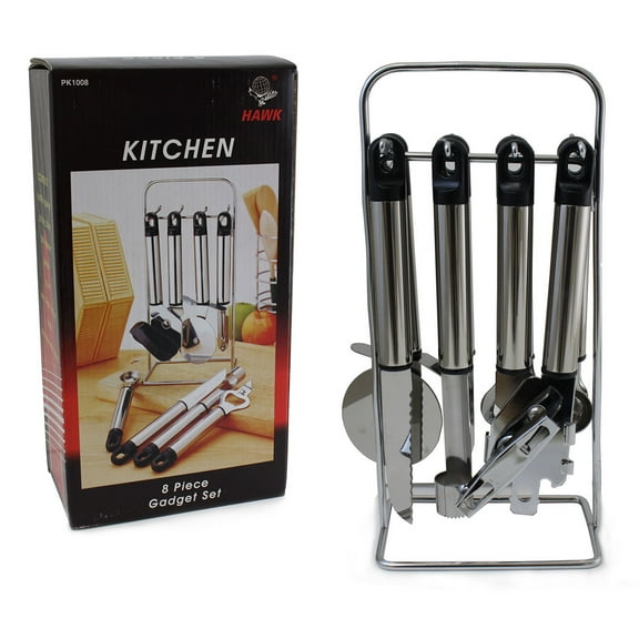 KITCHEN DIVA 8 Piece Stainless Steel Kitchen Utensils Set | Includes Essential Culinary Tools & Chrome Wire Stand | 8" Long Utensils | Compact, Sleek Design | Dishwasher Safe