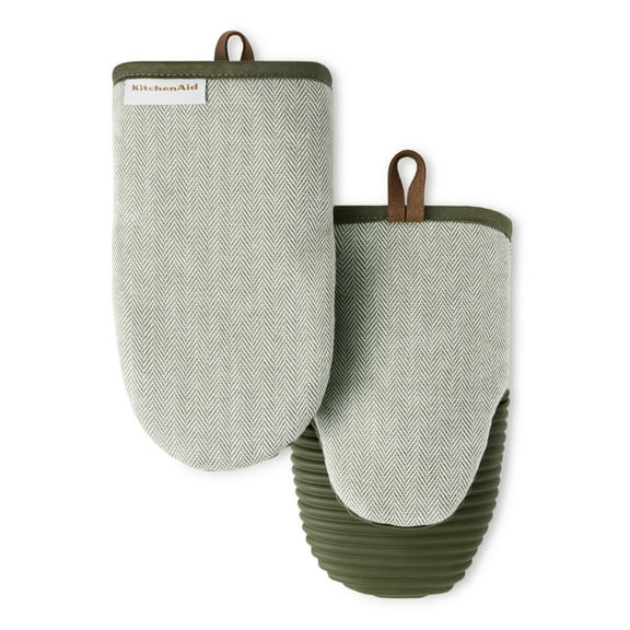 KITCHENAID Evergreen Design Series Herringbone Ribbed Soft Silicone Mini Oven Mitts 2-Pack Set, Heat Resistant up to 500F, Flexible & Waterproof, Deep Forest Green, 5.5"x9"