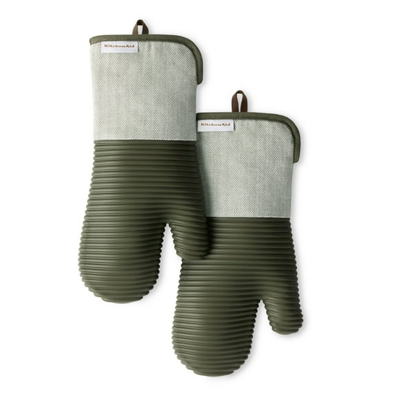 KITCHENAID Evergreen Design Series Herringbone Ribbed Soft Silicone Oven Mitts 2-Pack Set, Heat Resistant up to 500F, Flexible & Waterproof, Deep Forest Green, 7"x14"