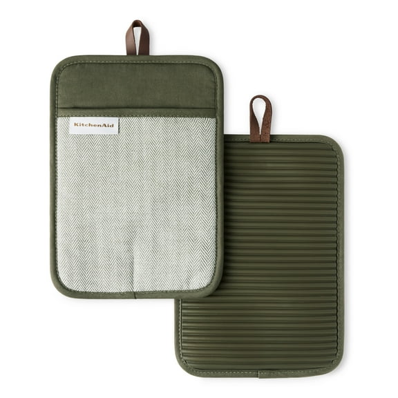 KITCHENAID Evergreen Design Series Herringbone Ribbed Soft Silicone Pot Holders 2-Pack Set, Heat Resistant up to 500F, Flexible & Waterproof, Deep Forest Green, 7"x10"