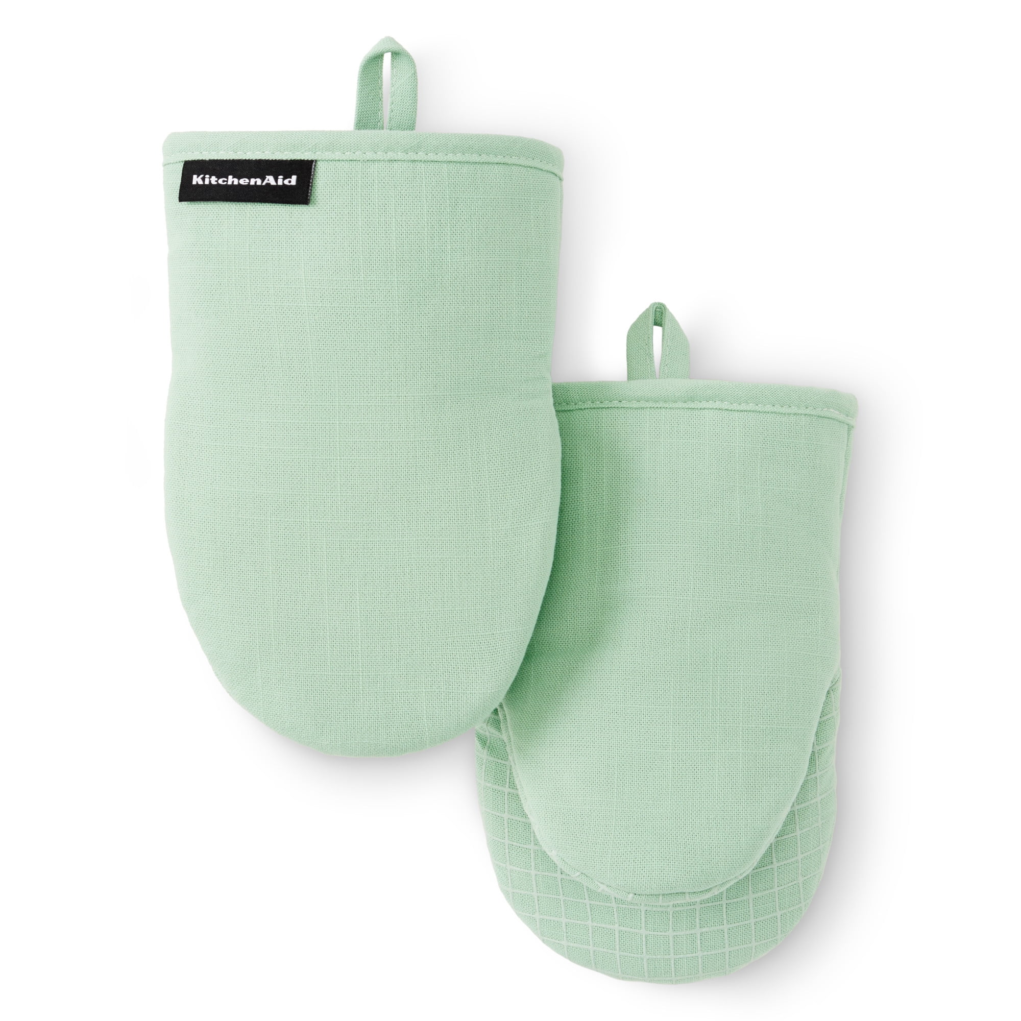 KITCHENAID Gourmet Series Gridlines Mini Oven Mitts 2-Pack Set, Heat Resistant up to 600°F, Soft Silicone Grip, Magnetic Cuff, Pistachio Green, 5.5"x9"