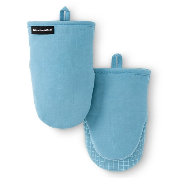 KITCHENAID Gourmet Series Gridlines Mini Oven Mitts 2-Pack Set, Heat Resistant up to 600°F, Soft Silicone Grip, Magnetic Cuff, Blue Velvet, 5.5"x9"