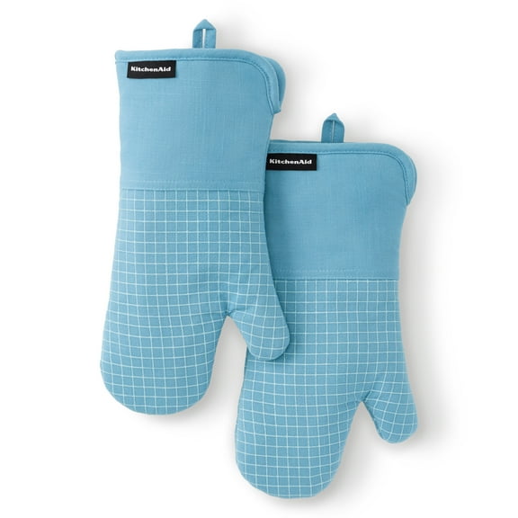 KITCHENAID Gourmet Series Gridlines Oven Mitts 2-Pack Set, Heat Resistant up to 600°F, Soft Silicone Grip, Magnetic Cuff, Blue Velvet, 7"x14"