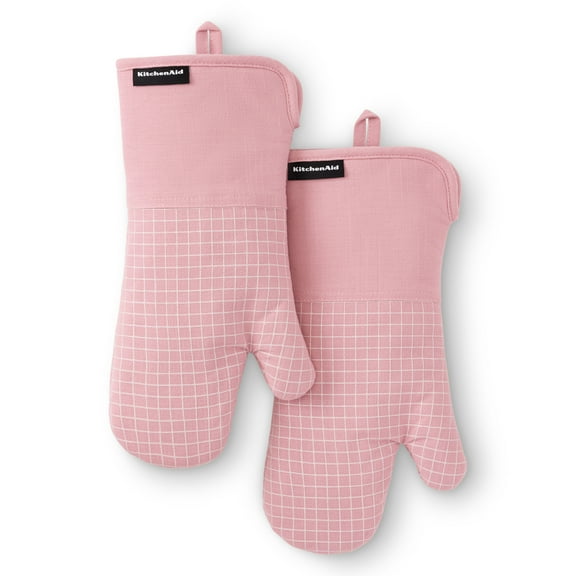 KITCHENAID Gourmet Series Gridlines Oven Mitts 2-Pack Set, Heat Resistant up to 600°F, Soft Silicone Grip, Magnetic Cuff, Dried Rose, 7"x14"