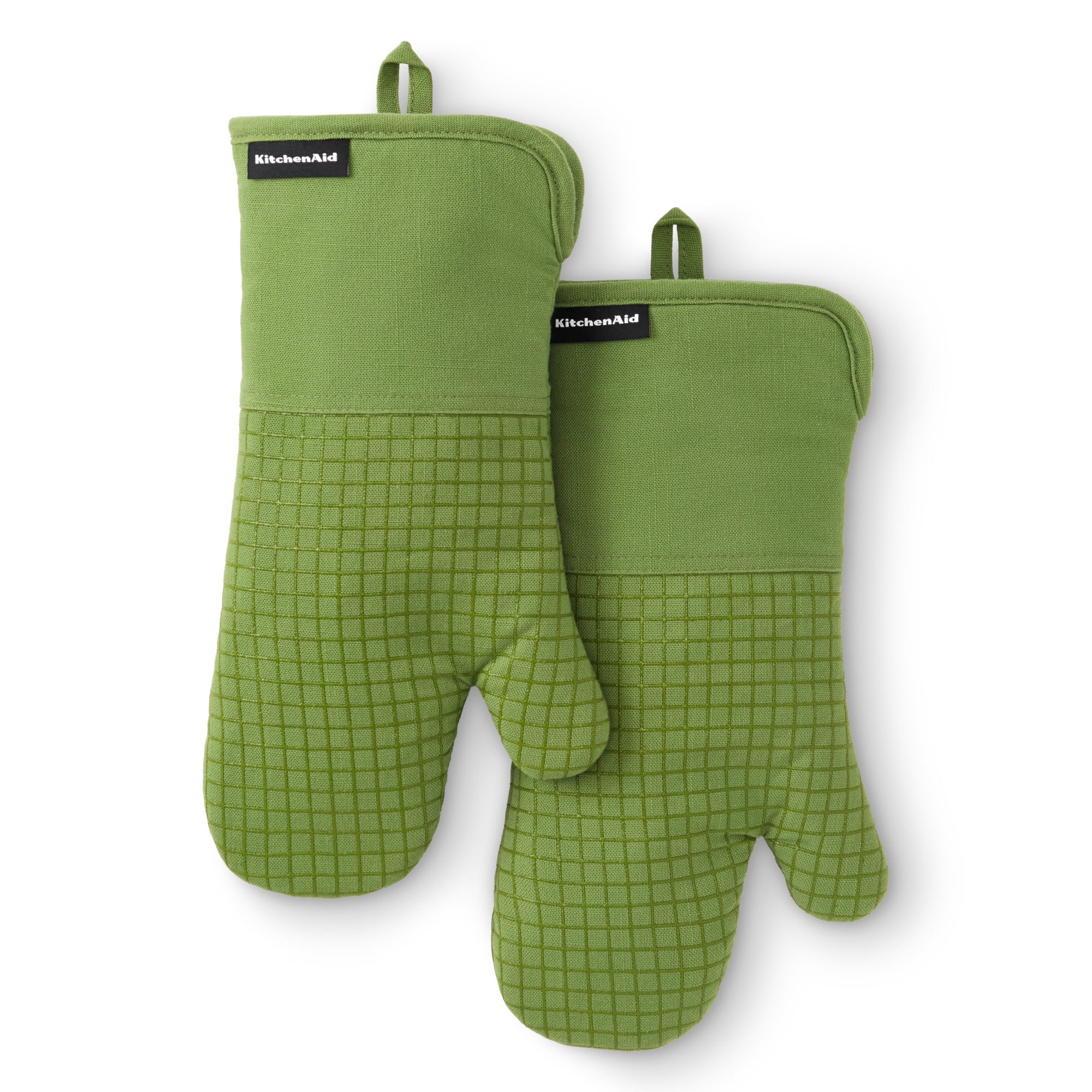 KITCHENAID Gourmet Series Gridlines Oven Mitts 2-Pack Set, Heat Resistant up to 600°F, Soft Silicone Grip, Magnetic Cuff, Matcha Green, 7"x14"