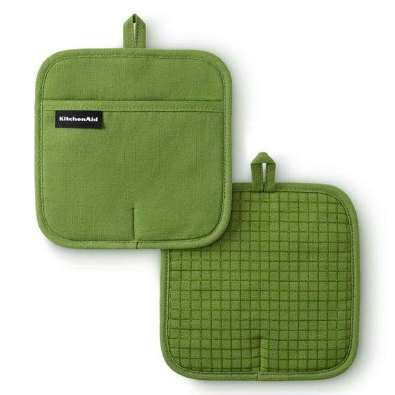 KITCHENAID Gourmet Series Gridlines Pot Holders 2-Pack Set, Heat Resistant up to 600°F, Soft Silicone Grip, Magnetic Cuff, Matcha Green, 8"x8"