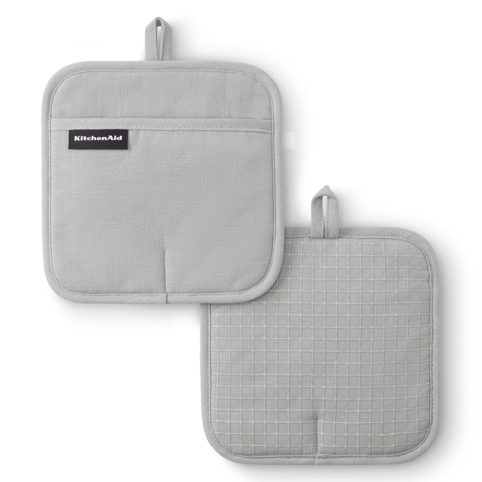 KITCHENAID Gourmet Series Gridlines Pot Holders 2-Pack Set, Heat Resistant up to 600°F, Soft Silicone Grip, Magnetic Cuff, Matte Grey, 8"x8"
