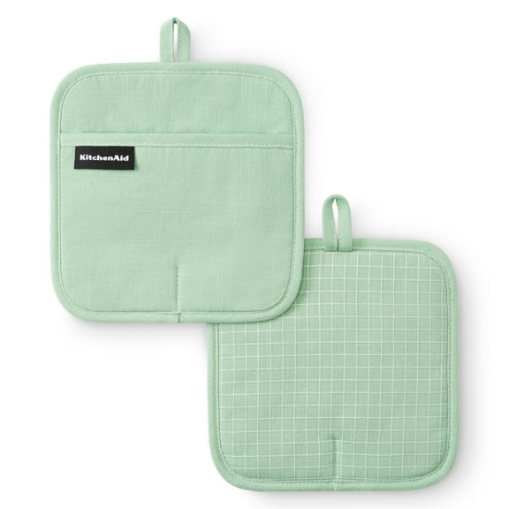 KITCHENAID Gourmet Series Gridlines Pot Holders 2-Pack Set, Heat Resistant up to 600°F, Soft Silicone Grip, Magnetic Cuff, Pistachio Green, 8"x8"