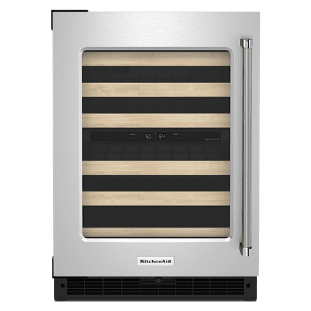 KitchenAid - 46-Bottle Dual-Zone Wine Cellar with Glass Door and Wood-Front Racks - Black cabinet/stainless steel doors