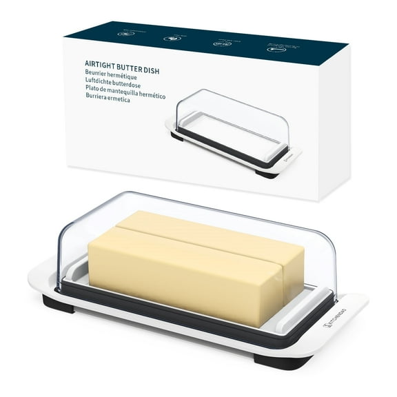 KITCHENDAO Airtight Butter Dish with Lid for Countertop and Fridge,Large Butter Keeper, Dishwasher Safe, Plastic Butter Holder Tray for 2 Sticks East Coast/West Coast/European Style/Kerrygold Butter