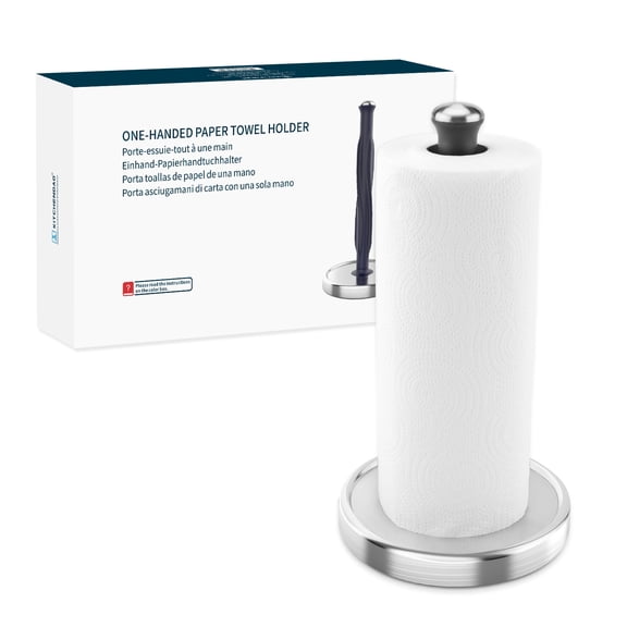 KITCHENDAO One-Handed Countertop Paper Towel Holder, Rotation Freestanding Kitchen Paper Holder Stand, Stainless Steel Paper Roll Holder with Weighted Base High-Adhesion Pad Sticker