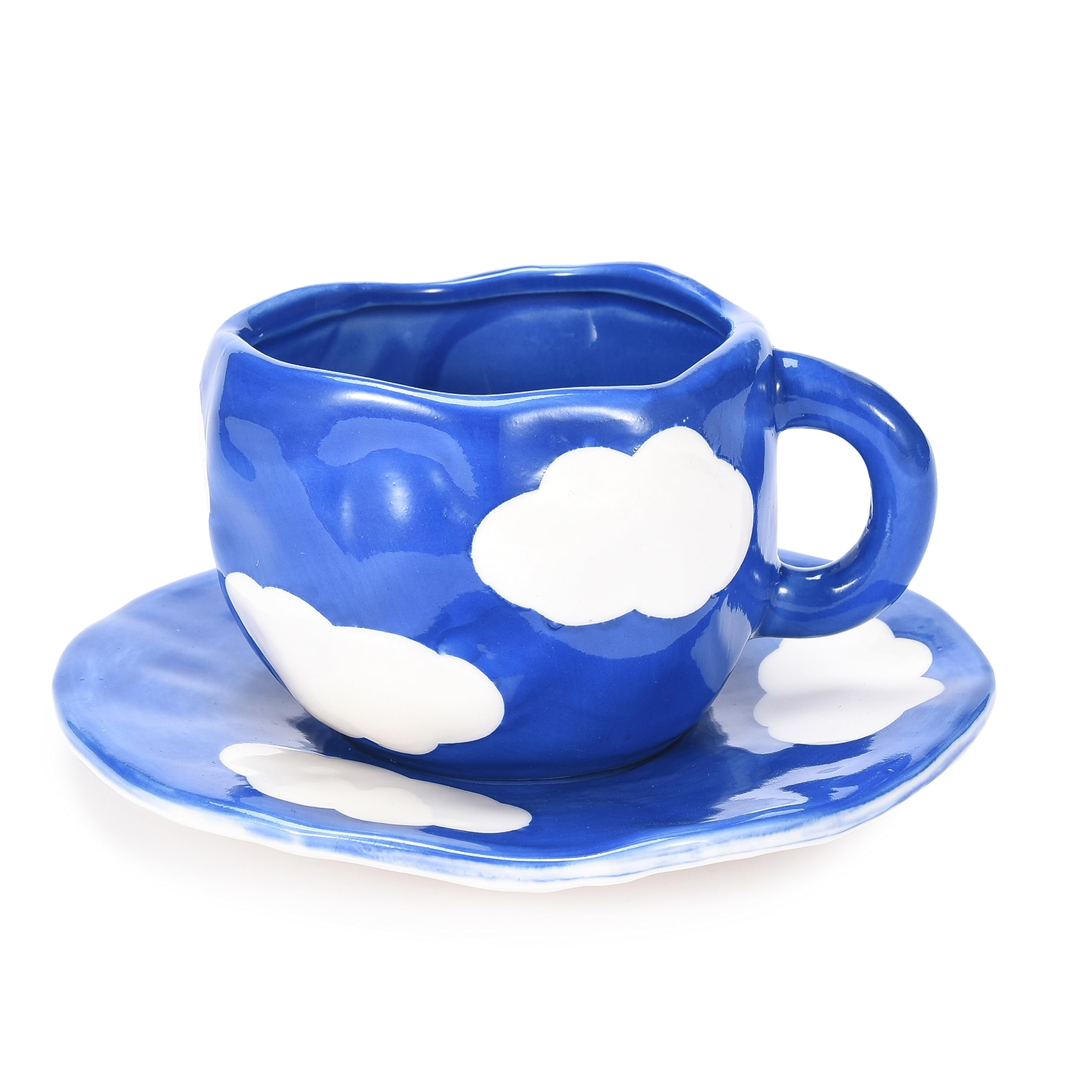 Blue and White Hand-Painted Ceramic Coffee Cup with Saucer