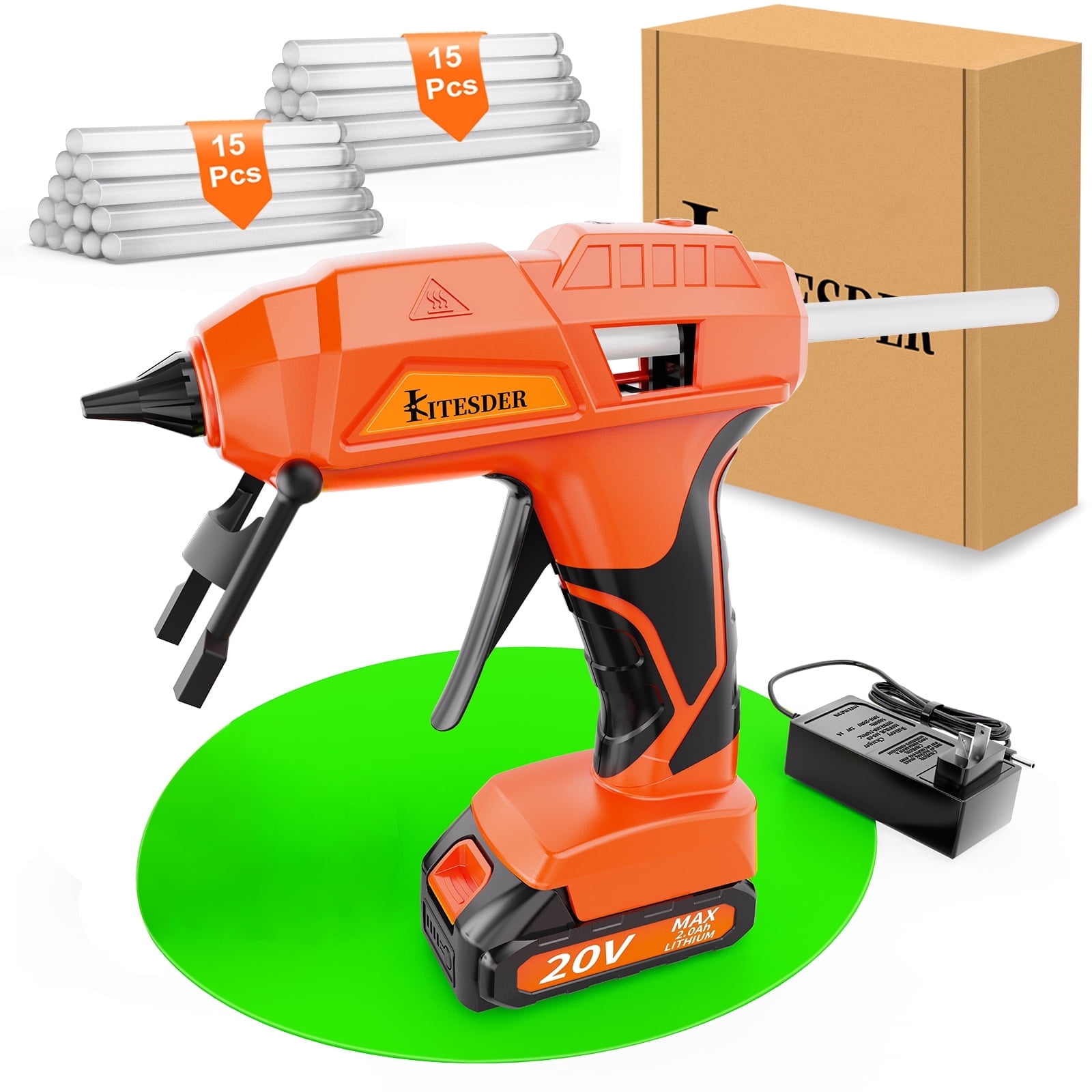 KITESDER 20V Cordless Hot Glue Gun with Fine Tips for Detailed Crafting and DIY Projects,Includes 2.0 Ah Battery & Charger and 30 Pcs Glue Sticks.