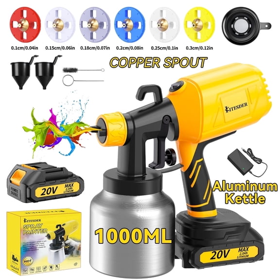 KITESDER 20V Cordless Paint Sprayer with 800ml Aluminum Kettle, 39000 Rpm, 3 Patterns & 6 Brass Nozzles for Home Interior Exterior