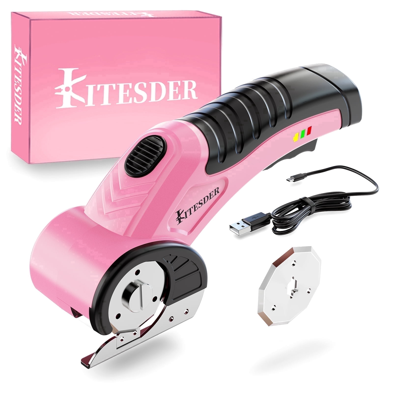 KITESIDER 4V Cordless Electric Scissors with 2 Blades, Cardboard Cutter with Safety Lock,LED Light & 220RPM for Cardboard Fabric Plastic Leather