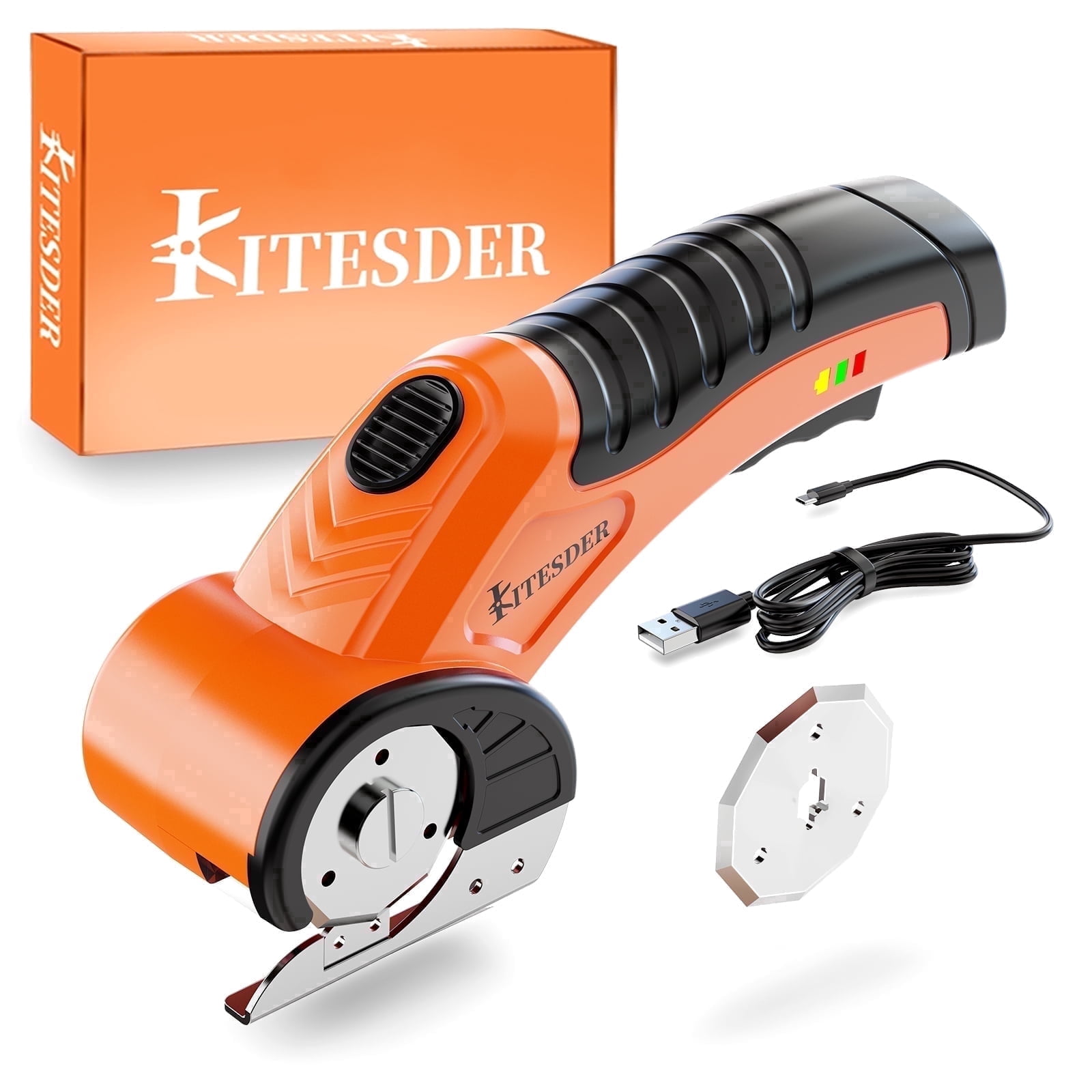 4V Cordless Electric Scissors, Rechargeable Box Cutter with Safety Lock & LED Light – Power Shears for Cardboard, Fabric, Carpet, Leather, Plastic