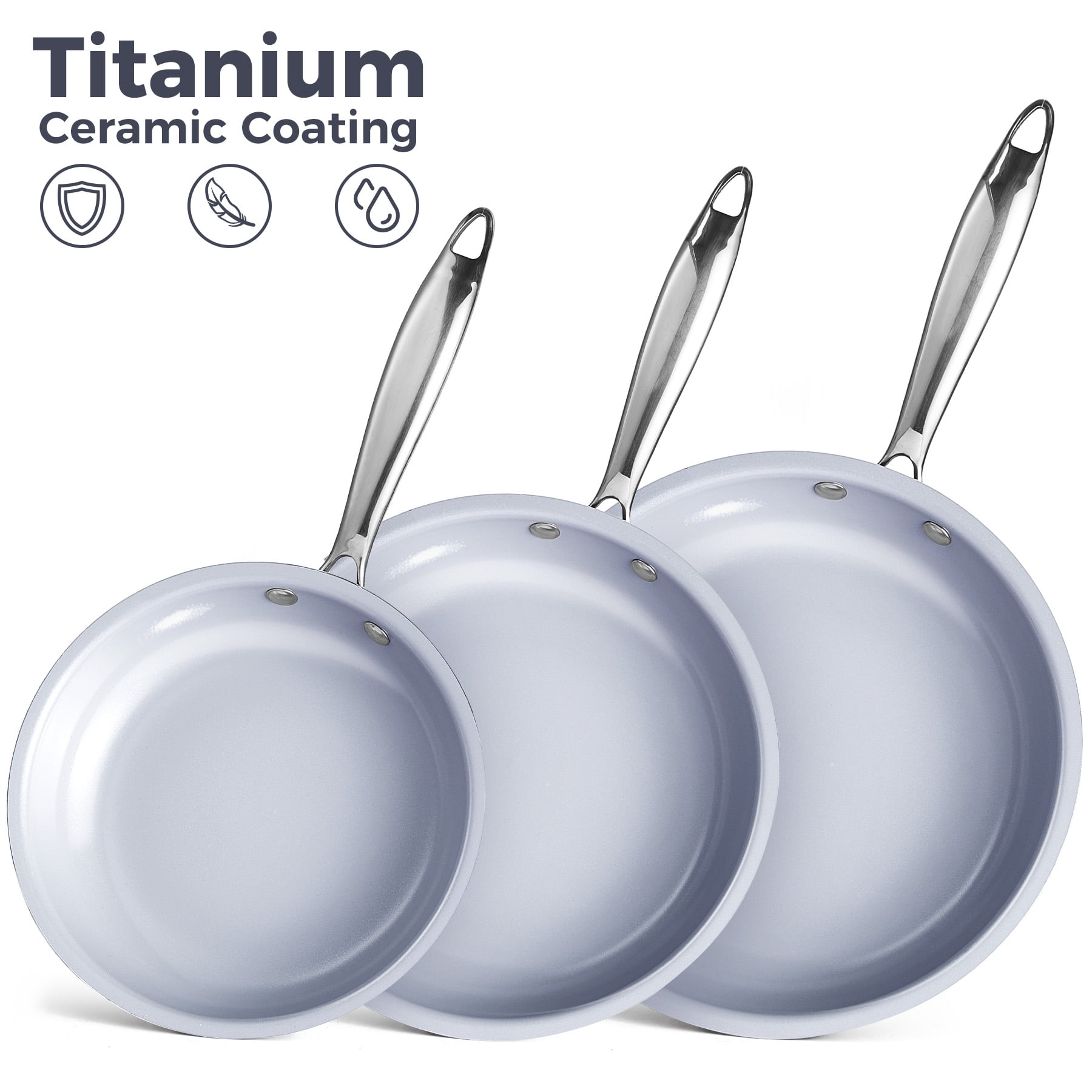 KITEXPERT Non Stick Frying Pans Set, Titanium Ceramic Pan Skillet Set Non Toxic, 8" 9.5" 11" Nonstick Frying Pan, Stainless Steel Handle, Dishwasher & Oven Safe,, Cream