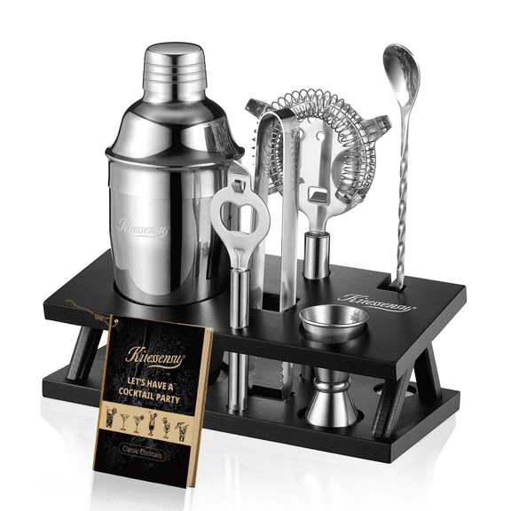 KITESSENSU 6-Piece Bar Set Cocktail Shaker Set - Mixology Bartender Kit with Stand - Silver Bar Kit for Drink Mixing - Bar Tools: Martini Shaker, Jigger, Strainer, Bar Spoon, Tongs, Opener