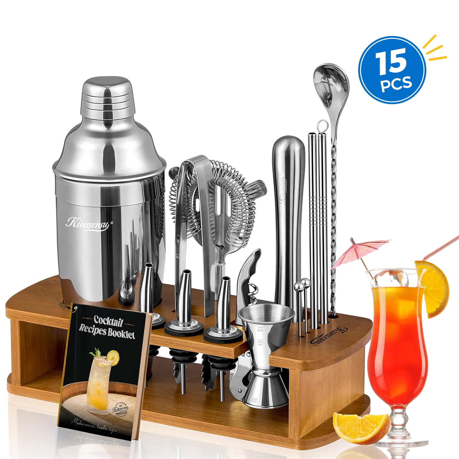 KITESSENSU Bartender Kit, 15-Piece Cocktail Shaker Set with Bamboo Stand,  Drink Mixer Set, Bar Set with All Essential Bar Accessory Tools |Silver