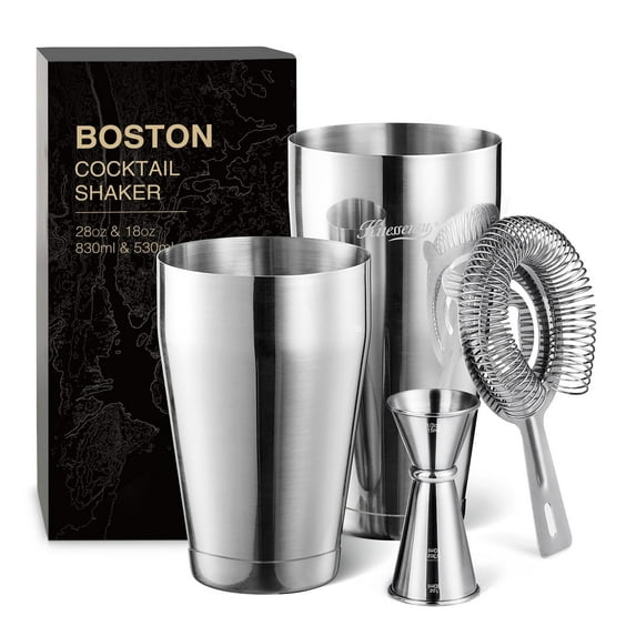 KITESSENSU Boston Cocktail Shaker Set, 4-Piece Martini Shaker, Boston Shaker with 18oz & 28oz Mixed Drink Shaker, Hawthorne Strainer, Double Measuring Jigger, Cocktail Recipe Cards Included