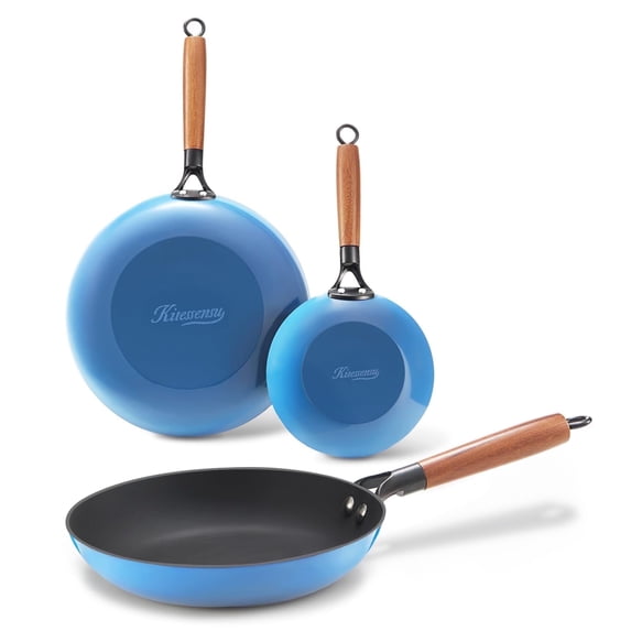 KITESSENSU Enameled Cast Iron Skillet Set of 3 (8/10/12 Inch), Titanium Nonstick Frying Pans with Cool Wooden Handle, Compatible with All Stovetops, Gradual Cobalt Blue