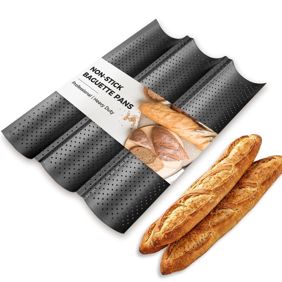 KITESSENSU Nonstick Baguette Pans for Baking, Perforated 3 Loaves French Bread Pan, Heavy Duty Baguette Baking Pans, Non Toxic Stainless Steel Baguette Tray for Oven, 15" x 9", Black