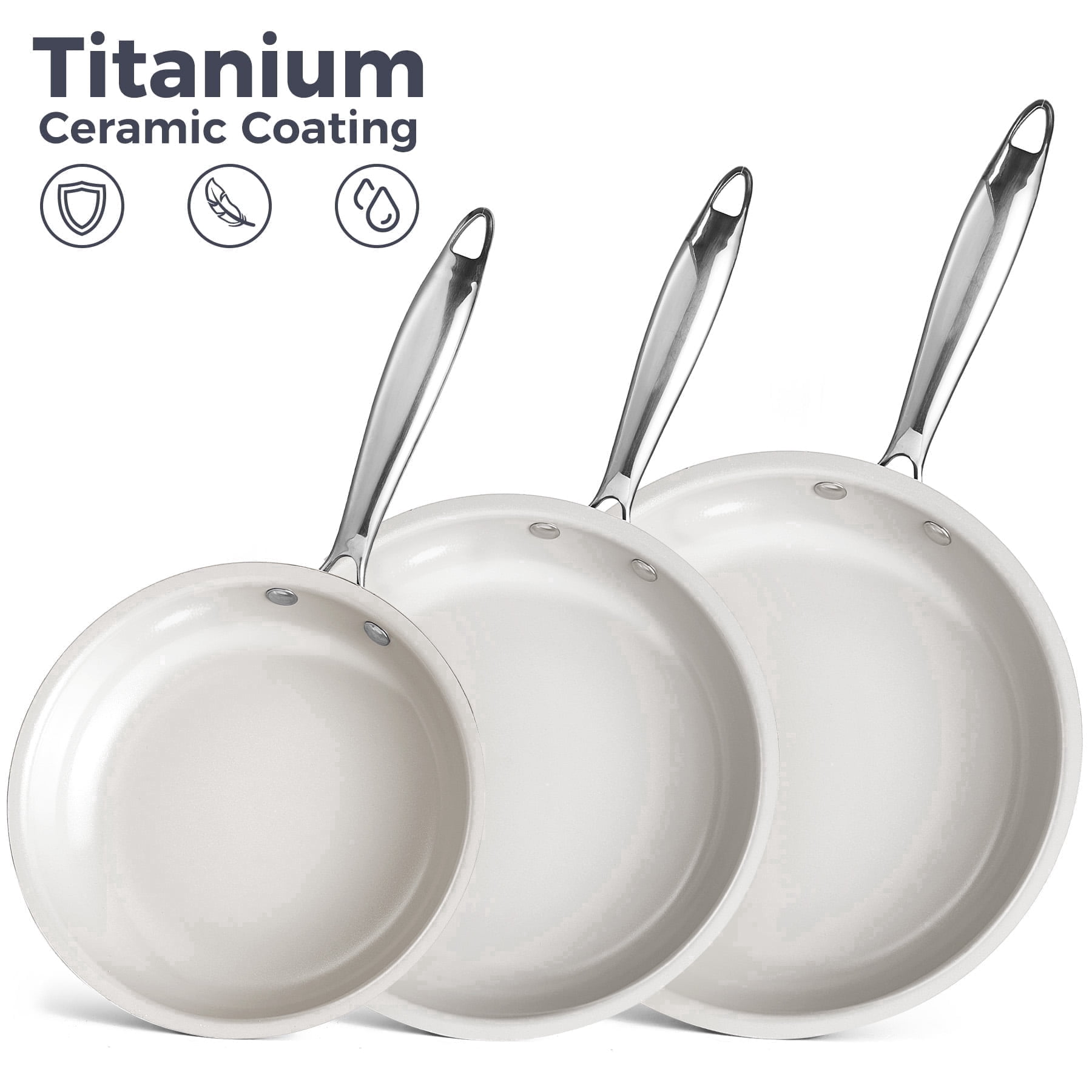 KITEXPERT Non Stick Frying Pans Set, Titanium Ceramic Pan Skillet Set Non Toxic, 8" 9.5" 11" Nonstick Frying Pan, Stainless Steel Handle, Dishwasher & Oven Safe, Cream