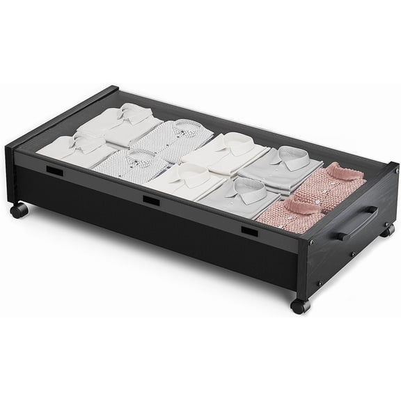 KITHELP Wooden Under Bed Storage with Wheels, Rolling Under the Bed Storage Bins with Removable Lid, Metal Under Bed Drawers for Clothes and Shoes in Bedroom or Living Room(Black Wood-1pack)