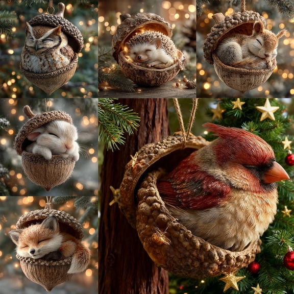 KITTEHIGM 6PC Resin Forest Hazelnut Cute Animal Ornaments, Set of Woodland Christmas Tree Decorations, Cute Forest Creatures for Holiday Table or Tree