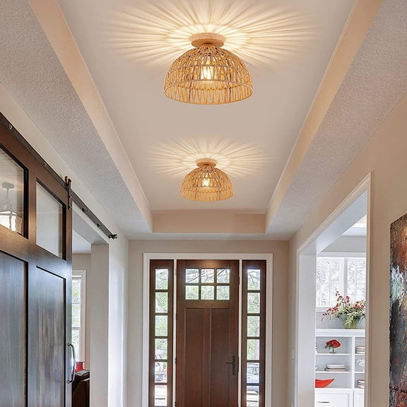 KITTEHIGM Boho Chandelier Handwoven Rope Ceiling Light Fixture Natural Jute Imitation Twine Lamp for Farmhouse Bedroom Study Room Bulb Not Included