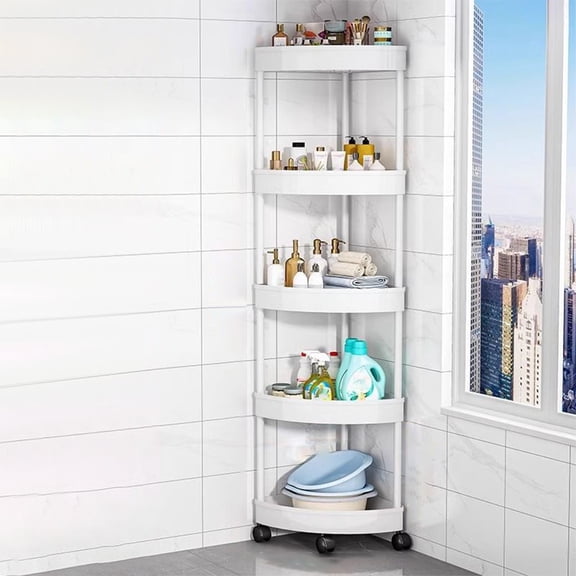 KITTEHIGM Five-Tier Rolling Cart with Wheels – Mobile Corner Shelf Storage Organizer for Bathroom, Kitchen, Living Room, Snack Holder, Toiletry Rack, Utility Cart