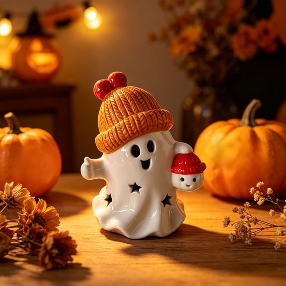 KITTEHIGM Halloween Assorted Hollow Ceramic Ghost Figurines with Star Cutout Cute Spooky Tabletop Decor for Tiered Tray Shelf Home Holiday Display