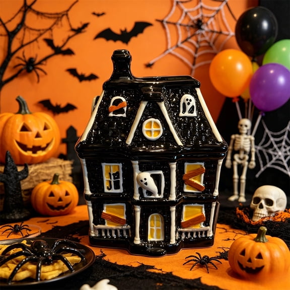 KITTEHIGM Halloween Ghost House Candy Jar Ceramic Cookie Treat Container for Kitchen Counter Tabletop Spooky Storage