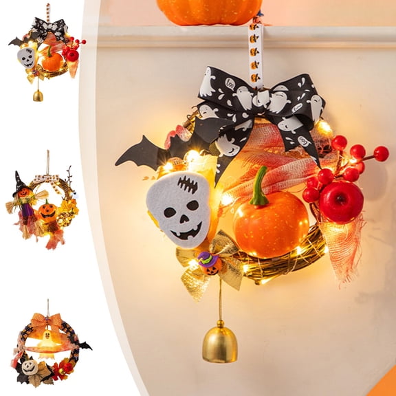 KITTEHIGM Halloween Lighted Wreath with Pumpkin Ghost Design for Front Door Wall Hanging Decoration with Glowing Effect and Spooky Accent