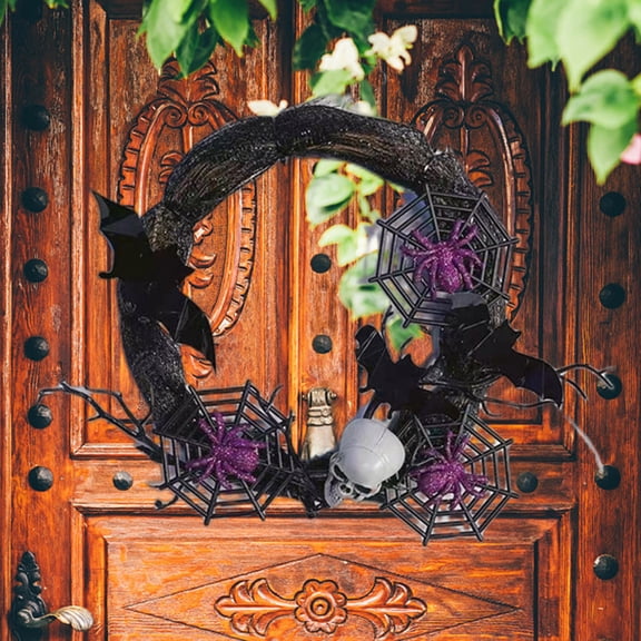 KITTEHIGM Halloween Simulation Black Bat Spider Wreath Decoration Rattan Wreath for Front Door Wall Hanging Festive Pendant Fall Harvest Thanksgiving Porch Decor