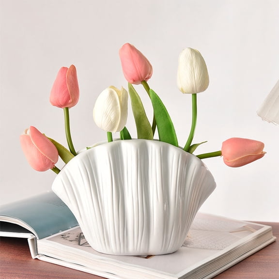 KITTEHIGM Hydroponic Shell Vase Plastic Flower Vase With Ceramic Look, Decorative Water Storage Vase for Flower Arrangement Home Tabletop and Shelf Decor