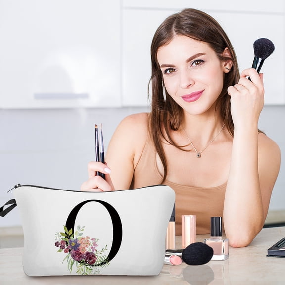 KITTEHIGM Initial Alphabet Flower Print Cosmetic Makeup Bag, Personalized Travel Pouch as Fine Birthday Gift for Bridesmaid, Bride, Mother and Female Friend Daily Makeup Storage