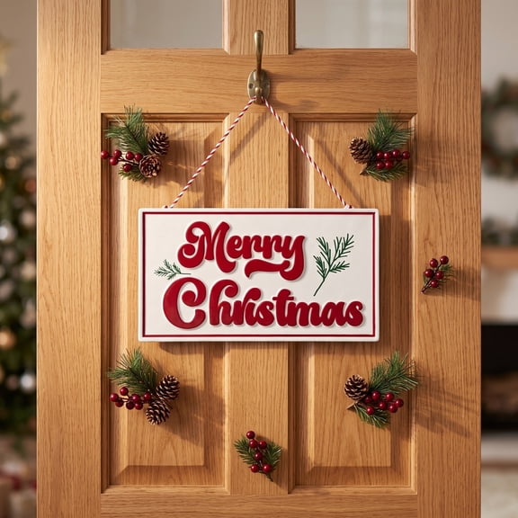 KITTEHIGM Merry Christmas Embossed Hanging Sign with Sprigs Candy Cane Rope for Front Door Mantel Window Home Holiday Decor in White and Red