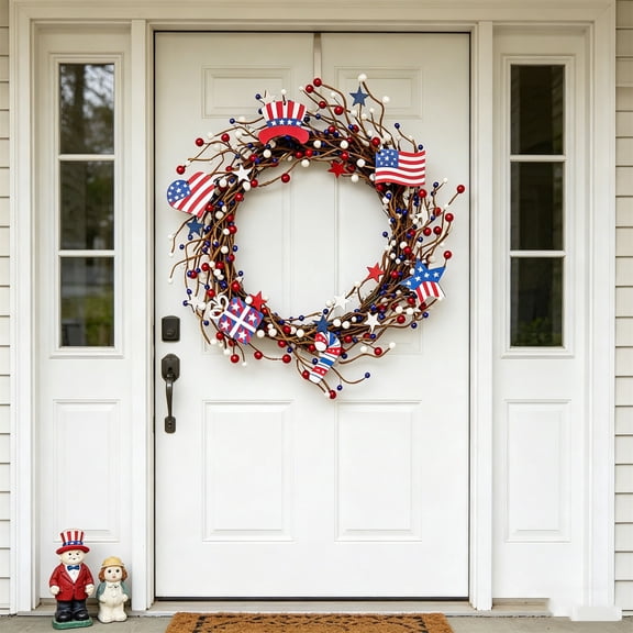 KITTEHIGM Patriotic Decorations 1Pc Patriotic Day Wreath With Red Wooden Star And Flag Theme, Independence Day Door Hanging Decor For Front Porch, Wall, Or HolidaysDisplay