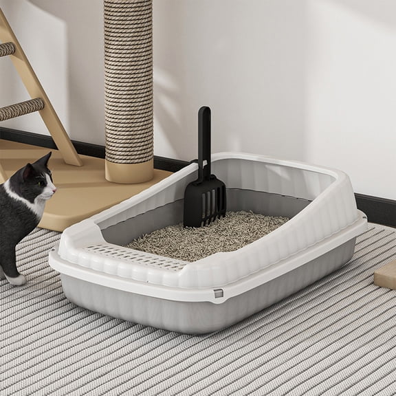 KITTEHIGM Semi Enclosed High Bar Litter Box Splash Proof Spacious Cat Toilet with Shovel Includes Ample Space for Kittens Home Use Easy Clean Pet Accessory