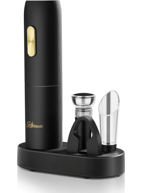 KITVINOUS Electric Wine Opener Set with Charging Base, Reusable Automatic Wine Bottle Opener with Led Light, Portable Corkscrew with Pour & Preserver Vacuum Stopper, Foil Cutter-Black